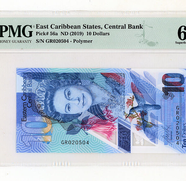 EASTERN CARIBBEAN CENTRAL BANK 10 DOLAR 2019 PMG 67 EPQ - UNC *Kraliçe / ÇİL banknot