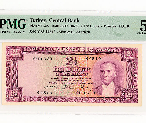 5. Emisyon 2 Buçuk Lira 2. Tertip Pick # 152a Serie Y23 PMG 58 EPQ - aUNC *çilaltı