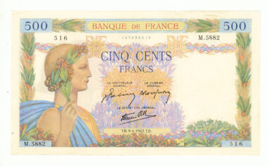 FRANSA FRANCE 500 Francs 1942 çt/VF banknot *ÜST BORDÜRDE KÜÇÜK AÇILMALAR VE İĞNE DELİĞİ MEVCUT