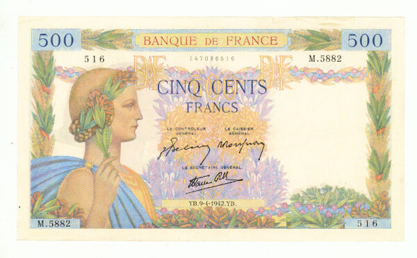 FRANSA FRANCE 500 Francs 1942 çt/VF banknot *ÜST BORDÜRDE KÜÇÜK AÇILMALAR VE İĞNE DELİĞİ MEVCUT