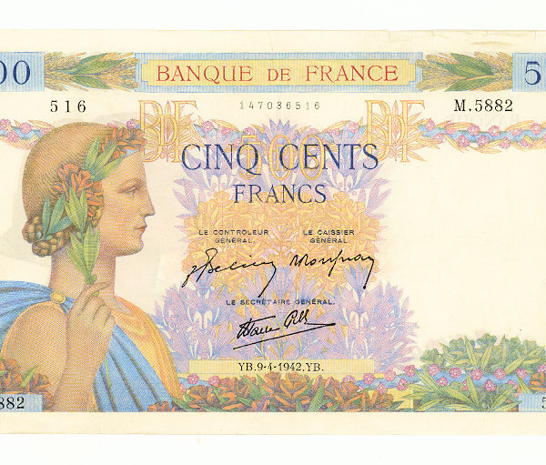 FRANSA FRANCE 500 Francs 1942 çt/VF banknot *ÜST BORDÜRDE KÜÇÜK AÇILMALAR VE İĞNE DELİĞİ MEVCUT