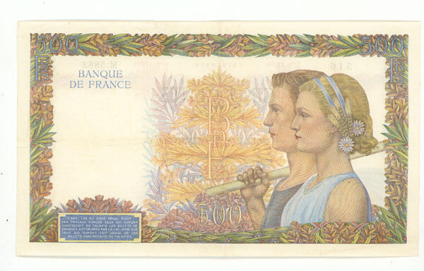 FRANSA FRANCE 500 Francs 1942 çt/VF banknot *ÜST BORDÜRDE KÜÇÜK AÇILMALAR VE İĞNE DELİĞİ MEVCUT - Görsel 2