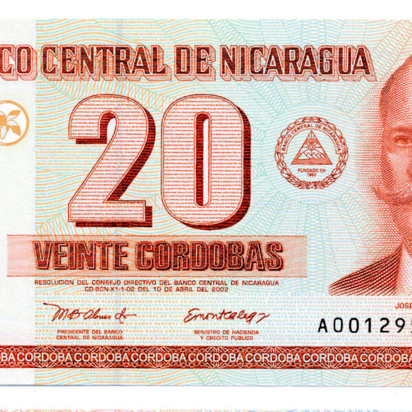 NICARAGUA 20 Cordobas 2002 Pick#192 UNC çil banknot