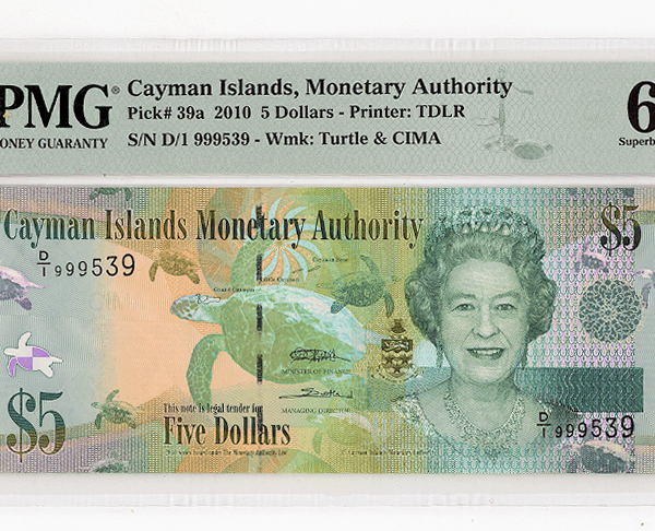 CAYMAN ISLAND 5 Dollars 2010 Pick#39a PMG 67 EPQ - UNC *çil banknot