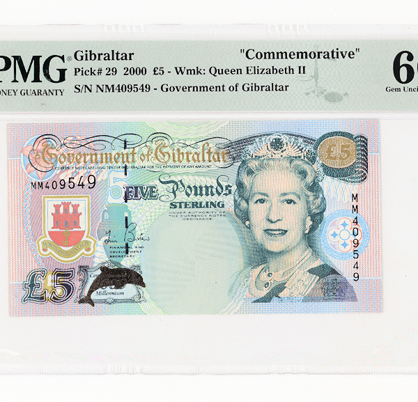 GIBRALTAR Cebelitarik 5 Pounds 2000 Pick#29 PMG 66 EPQ - UNC sertifikali çil banknot