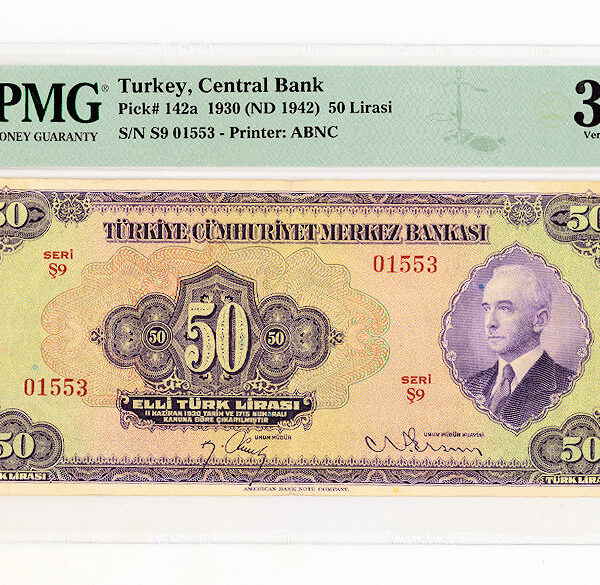 3. Emisyon 50 Lira 1942 Pick#142a PMG 30 VF *çt