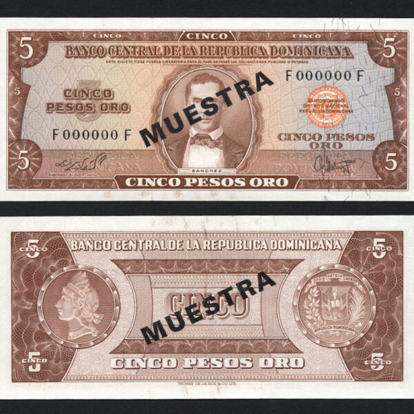DOMINICANA 5 Pesos Oro SPECIMEN - UNC