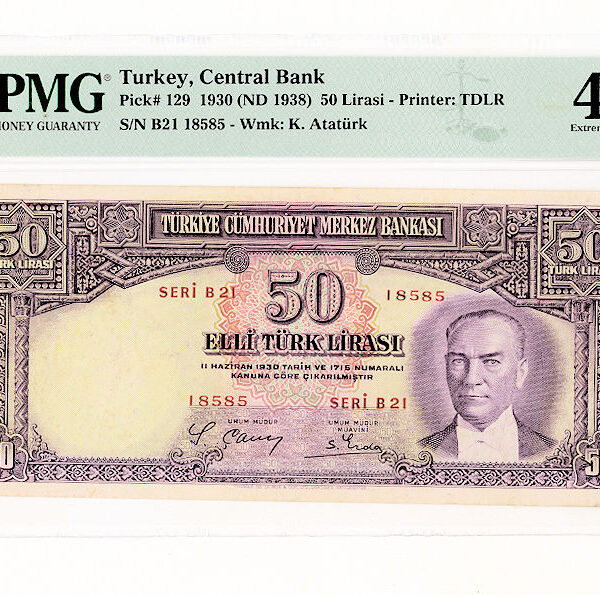 2. Emisyon 50 Lira 1938-52 (Printed in London) Pick#129 PMG 40 EF– ççt