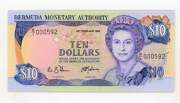 BERMUDA 1989 YILI 10 DOLAR ÇİL 000592 DÜŞÜK SERİ NUMARALI / KRALİÇE