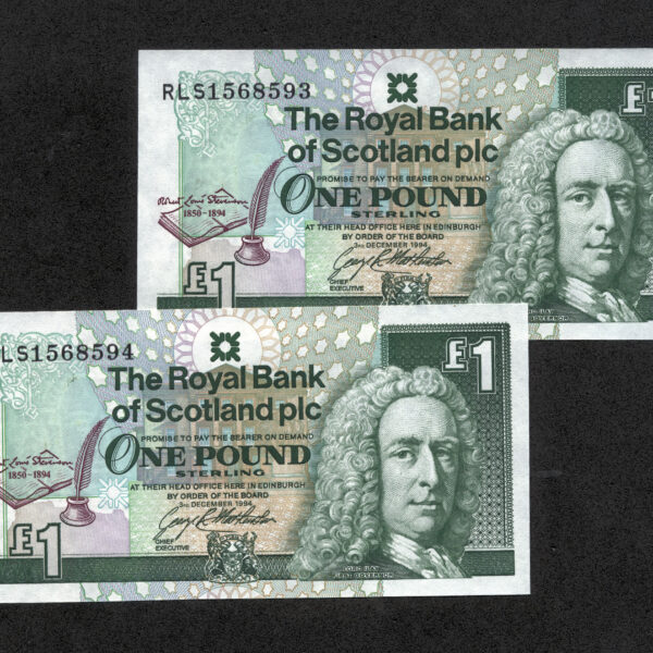 Iskoçya SCOTLAND 2 adet seri takipli 1 POUND 1994 BANK OF SCOTLAND UNC Banknot çil