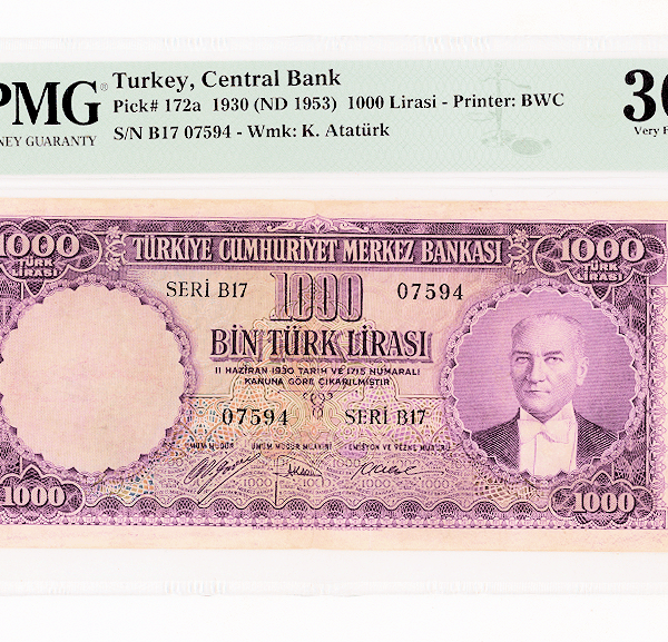 5. Emisyon 1000 Türk Lirası 1953 ND(1989) Pick#172a PMG 30 VF *çt banknot
