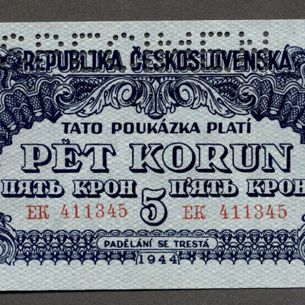 Çekoslavakya CZECHOSLOVAKIA 5 Korun 1944 Pick#46s SPECIMEN – UNC