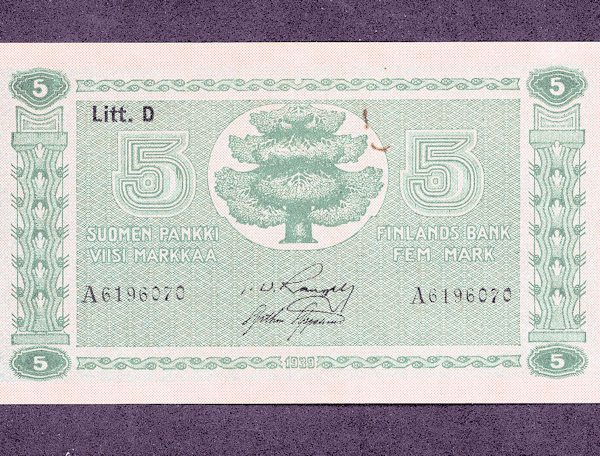FINLAND Finlandiya 5 Markkaa 1922 Pick#42 - aUNC - çilalti banknot