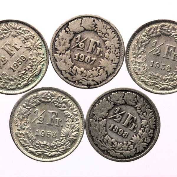 Switzerland Isviçre 5 adet 50 Rappen-Centimes (Yarım Frank) 1898-1909-(2x)1958-1959 Gümüş *SATILDI - OUT OF STOCK