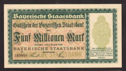 Deutschland ALMANYA 5 Millionen Mark Bayern 1923 UNC- çil Banknot