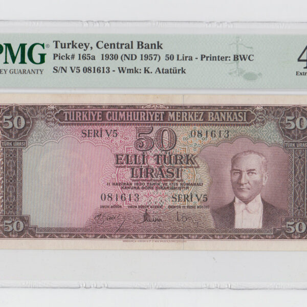 5. Emisyon 50 Lira (1957-79) 4. Tertip Pick # 165a Serie V5 PMG 40 - EF *ççt *SATILDI - OUT OF STOCK