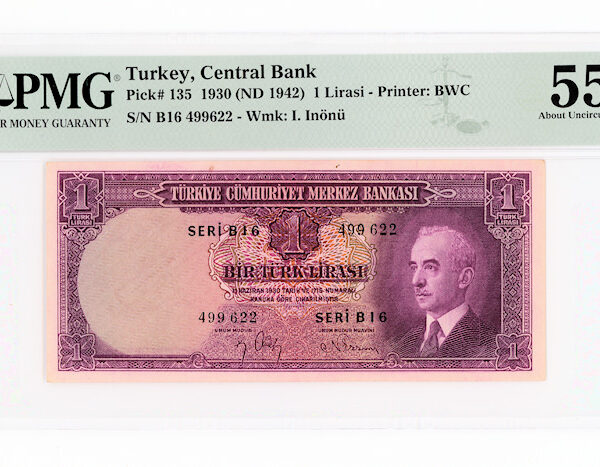 2. Emisyon 1 Lira 1942-47 Pick#135 Seral B - PMG 55 EPQ - aUNC *çilaltı