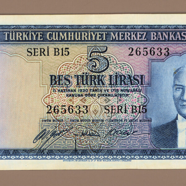 5. Emisyon 5 Lira 1952-68 - 1. Tertip Pick # 154a EF – ççt banknot *SATILDI - OUT OF STOCK