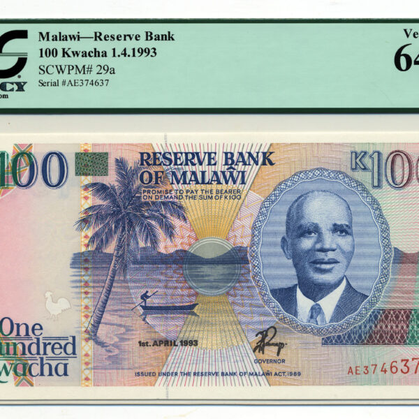 MALAWI 100 Kwacha 1993 Pick#29a PCGS 64 PPQ - UNC