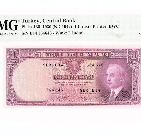 2. Emisyon 1 Lira 1942-47 Pick#135 Seral B – PMG 66 EPQ – UNC *çil sertifikali