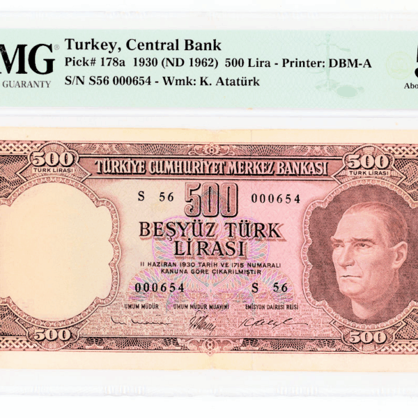 5. Emisyon 500 Lira 1962-1976 Pick#178a PMG 55 aUNC– 3. Tertip *çilaltı