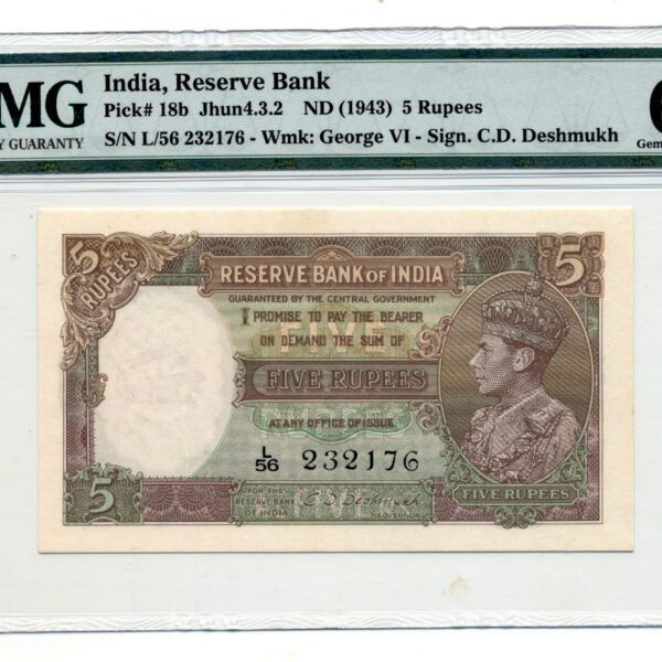 INDIA Hindistan 5 Rupees ND (1943) Pick # 18b PMG 66 EPQ - UNC *çil SATILDI - OUT OF STOCK