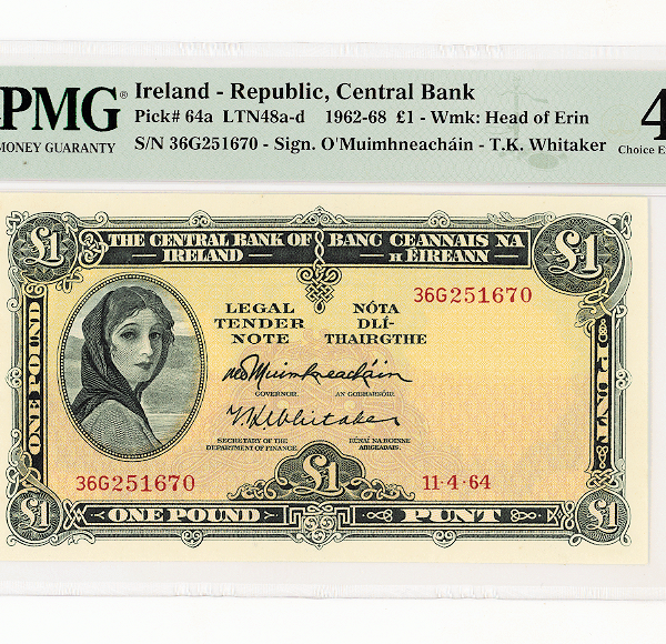 IRELAND 1 Pound 1962-68 Pick # 64a PMG 45 EF *ççt
