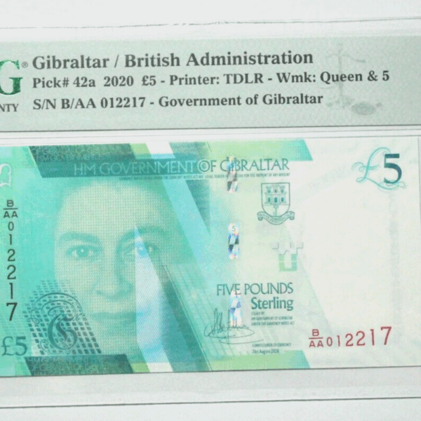 GIBRALTAR Cebelitarik 5 Pounds 2020 Pick#42 PMG 67 EPQ - UNC sertifikali çil banknot