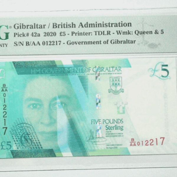 GIBRALTAR 5 POUNDs 2020 PMG 67 EPQ UNC Banknot çil