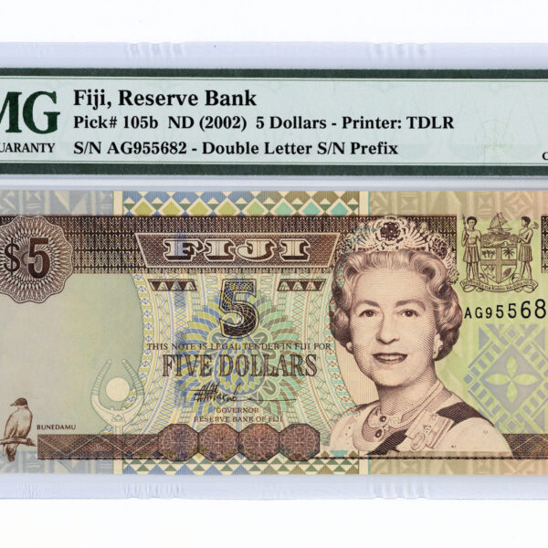 FIJI 5 Dollars 2002 PMG 64 EPQ Sertifikalı banknot Kraliçe