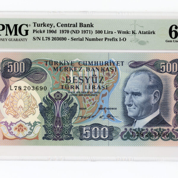 6. Emisyon 500 Lira 1970/71 Pick # 190d PMG 65 EPQ – UNC *SATILDI - OUT OF STOCK