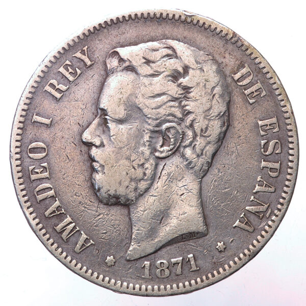SPAIN Ispanya 5 Pesetas 1871 Gümüş
