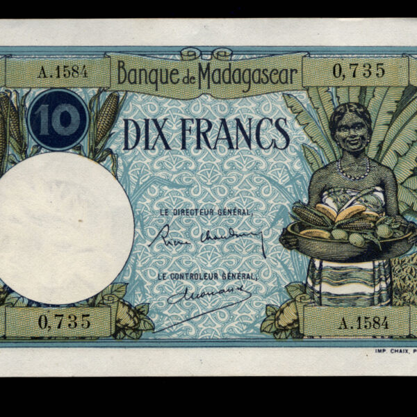 MADAGASCAR 10 Francs ND (1937-47) Pick # 36 – UNC