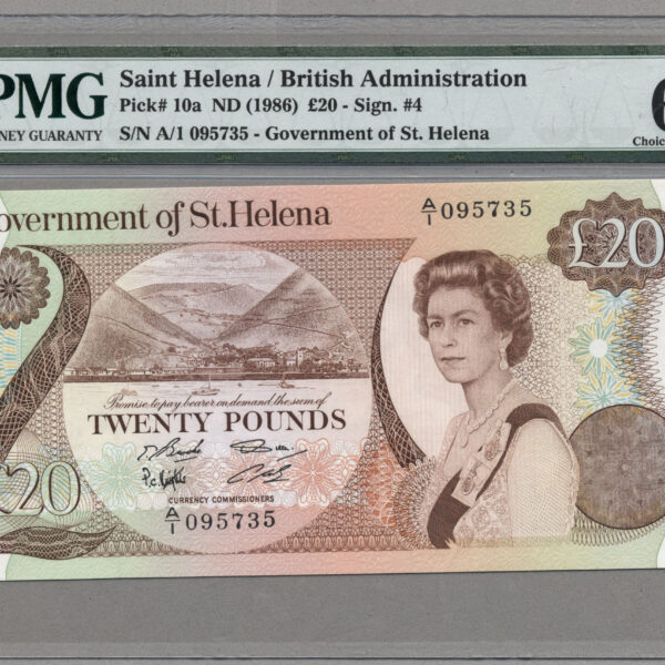 St. Helena 20 Pounds ND (1986) Pick#10a PMG 64 UNC Kraliçe Queen Banknot *çil