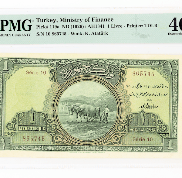 1. Emisyon 1 Lira (Livre) 1926 Pick#119a PMG 40 EF - ççt