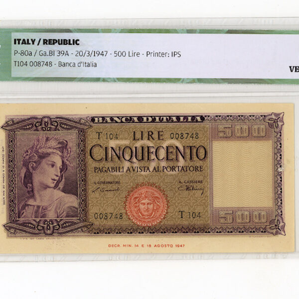 ITALY ITALYA 500 Lire 1947 Pick#80a ICG 35 – VF
