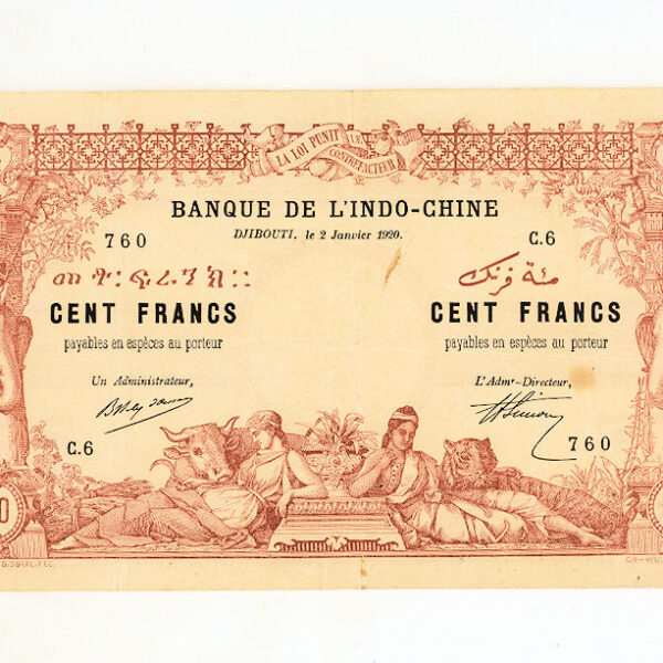 DJIBOUTI Banque de Lindo-Chine 100 Francs 1920 vf+