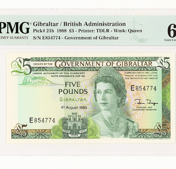 GIBRALTAR Cebelitarik 5 Pounds 1988 Pick#21b PMG 66 EPQ sertifikali çil banknot