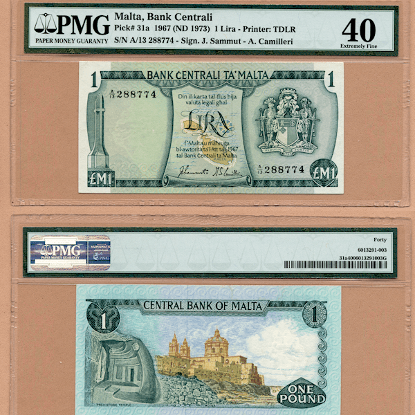MALTA 1 Lira 1967 (1973) Pick # 31a PMG 40 VF ççt