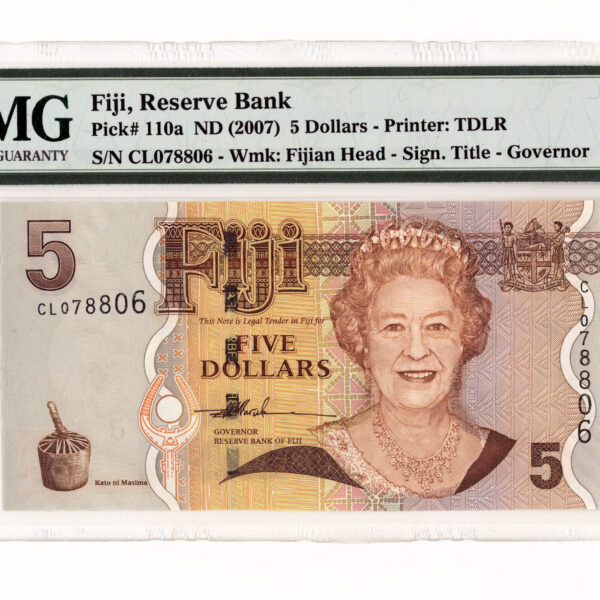 FIJI 5 Dollars 2007 PMG 65 EPQ Sertifikalı banknot Kraliçe