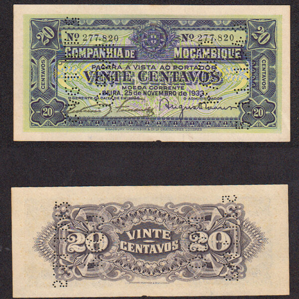 Moçambique Mozambik 20 Centavos 1933 (Pago 5.11.1942 UNC