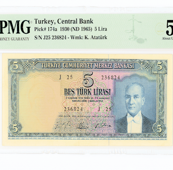 5. Emisyon 5 Lira 1961-65 TURKEY Pick # 174a PMG 55 aUNC *çilaltı SATILDI – OUT OF STOCK