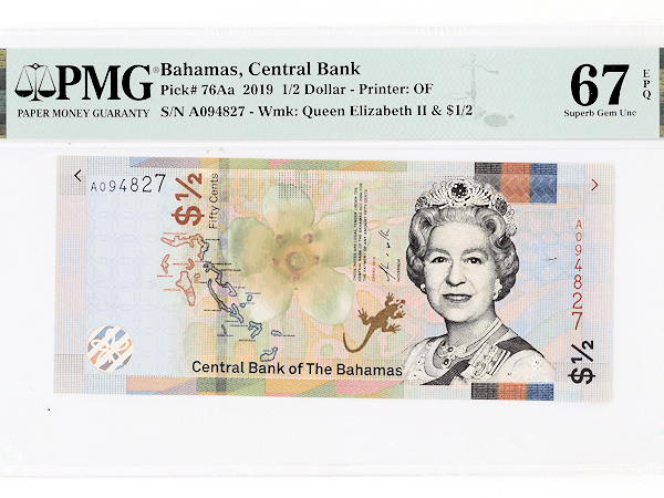 BAHAMAS 1/2 Dollar 2019 Pick#76Aa PMG 67 EPQ - UNC *çil banknot