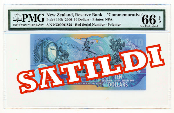 NEW ZEALAND 10 Dollars 2000 Pick # 190b PMG 66 EPQ UNC (Red Serial Nr.s)