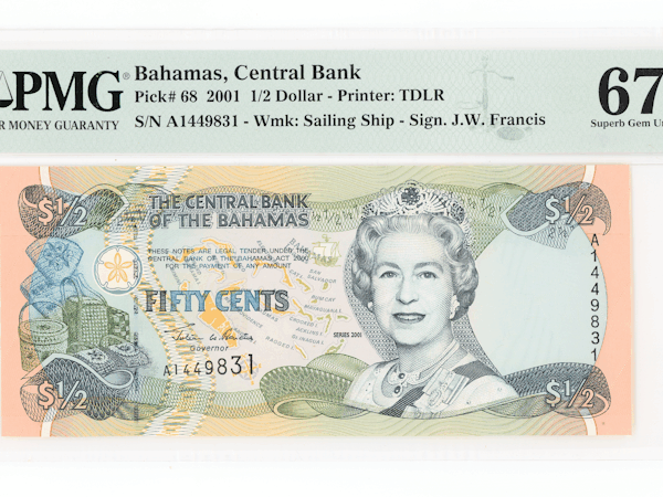BAHAMAS 1/2 Dollar 2001 Pick#68 PMG 67 EPQ - UNC *çil banknot