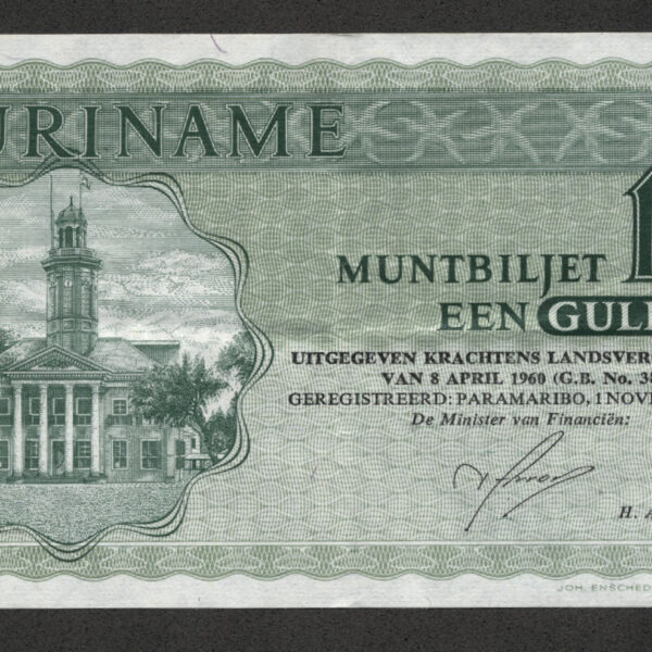 SURINAME Central Bank Muntbilijet 1 Gulden 1974 UNC *çil