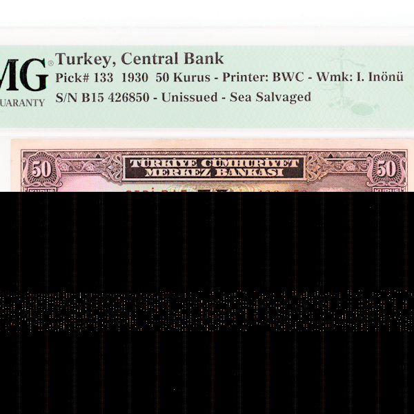 50 Kuruş Inönü Pick # 133 (2. Emisyon) B15 harfi PMG 64 çil – UNC *SATILDI - OUT OF STOCK