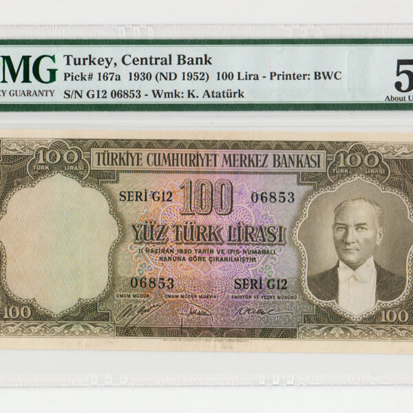 5. Emisyon 100 Lira 1. Tertip 1952 ND (1976) Pick # 167a PMG 53 – aUNC *çilaltı