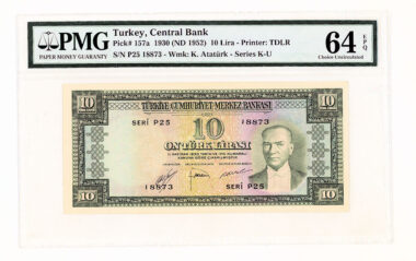 5. Emisyon 2. Tertip 10 Lira Pick # 157a PMG 64 EPQ - UNC *çil