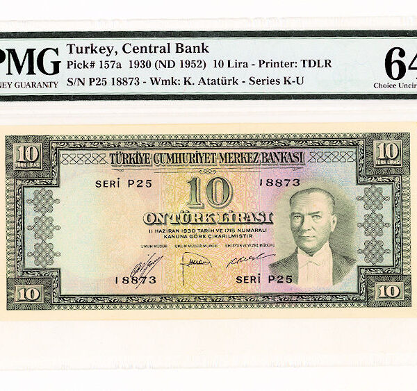 5. Emisyon 2. Tertip 10 Lira Pick # 157a PMG 64 EPQ - UNC *çil
